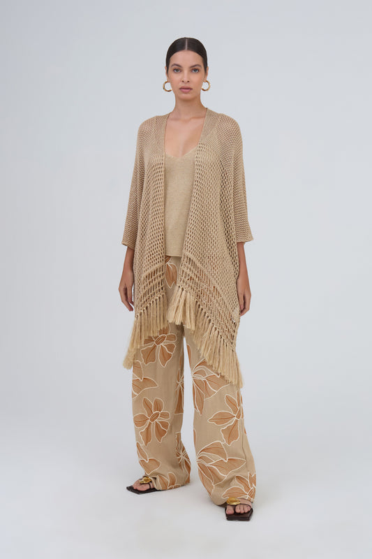 Kimono Com Lurex Detalhe  Franjas  Em Tricot Ninive Dourado