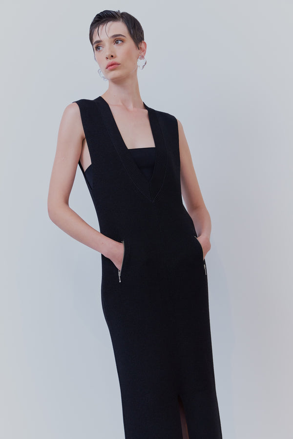 Vestido Midi Reto Detalhe Ziper Com Top Em Tricot