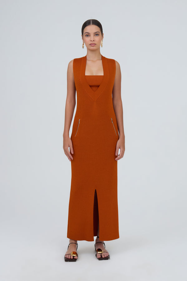 Vestido Midi Reto Detalhe Ziper Com Top Em Tricot Abóbora