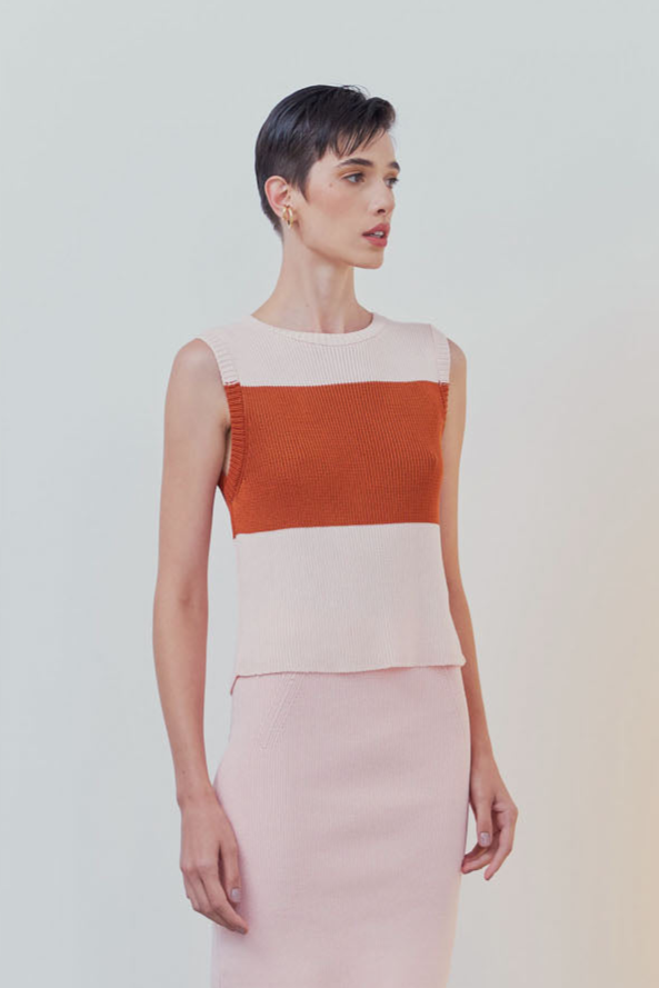 Blusa Sem Manga Bicolor Em Tricot Rosa