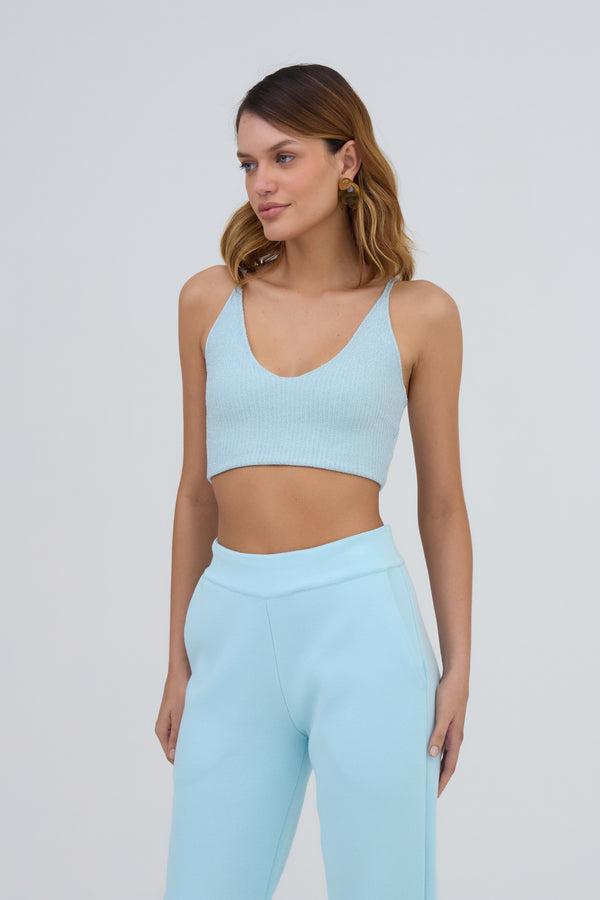 Top Alças Decote V Em Tricot Azul Sky