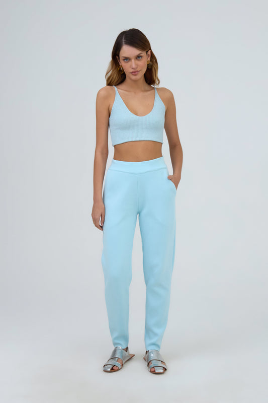 Calça Ampla Pantalona Em Tricot Azul Sky