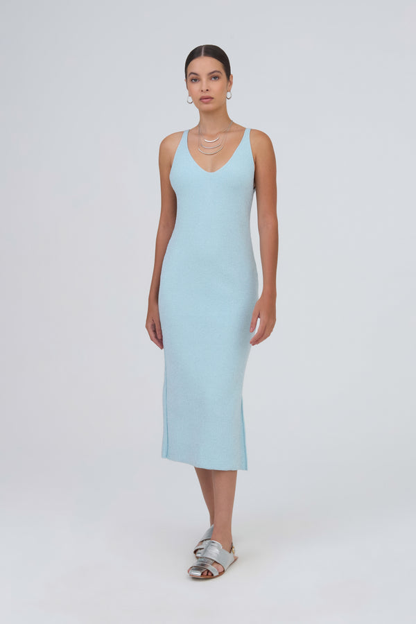 Vestido Midi Alças Decote V Em Tricot Azul Sky