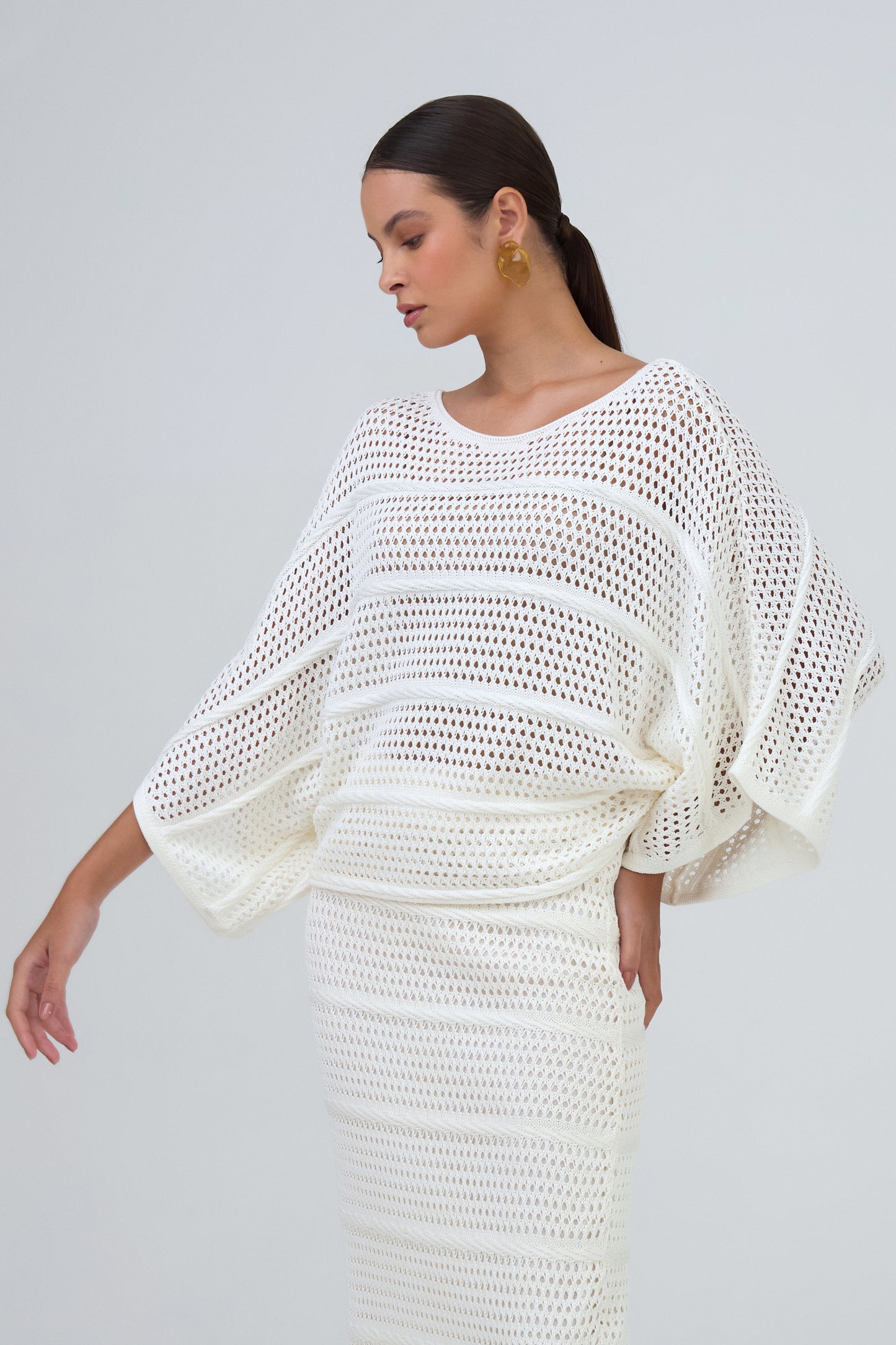 Blusa Manga Ampla Detalhe Ponto Corda Em Tricot Off White