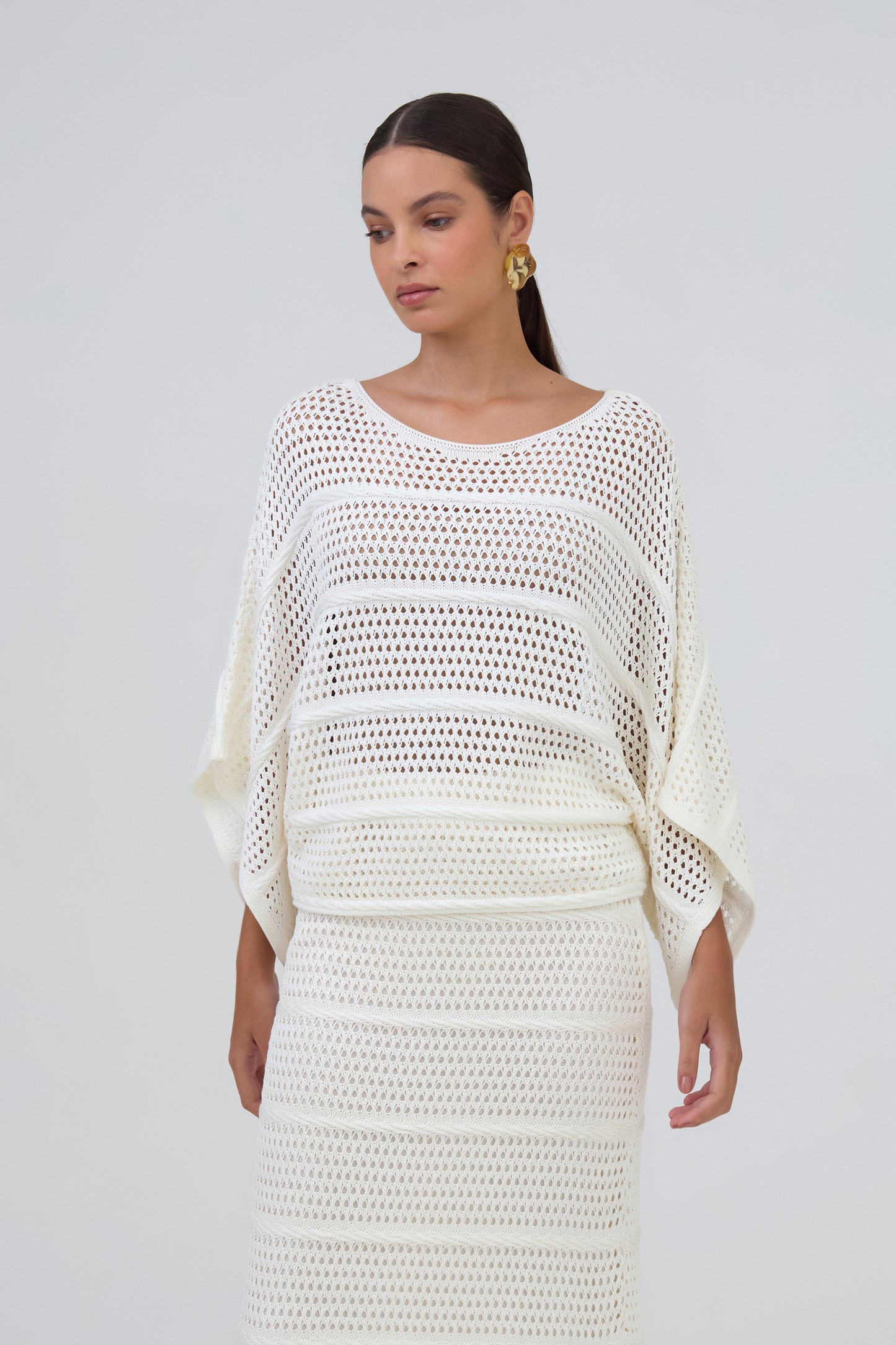 Blusa Manga Ampla Detalhe Ponto Corda Em Tricot Off White