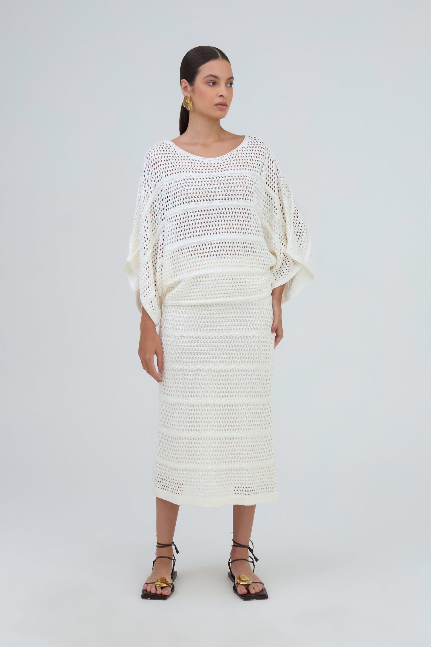 Saia Midi Reta Detalhe Ponto Corda Em Tricot Off White