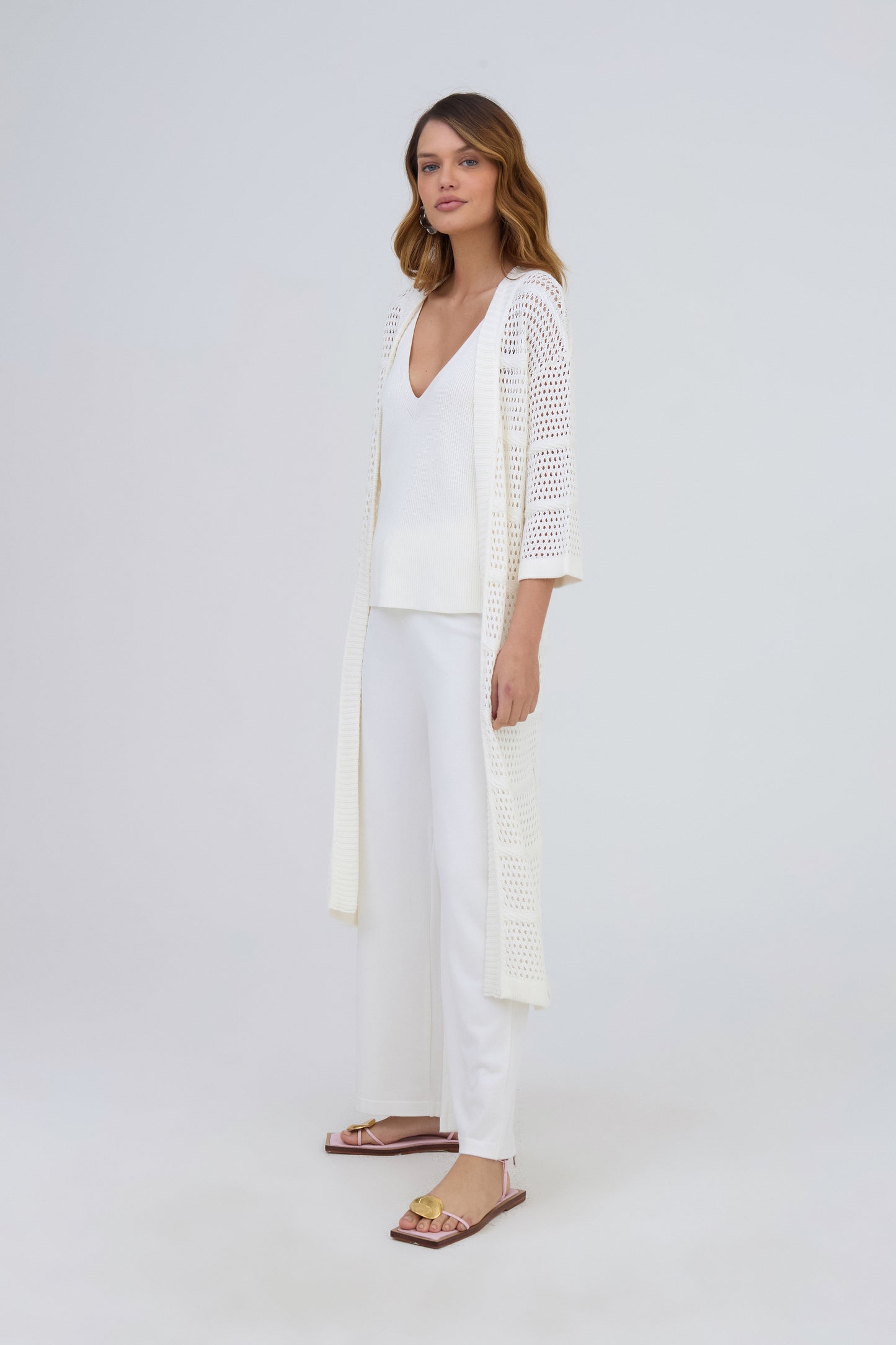 Casaco Longo Detalhe Ponto Corda Em Tricot Off White