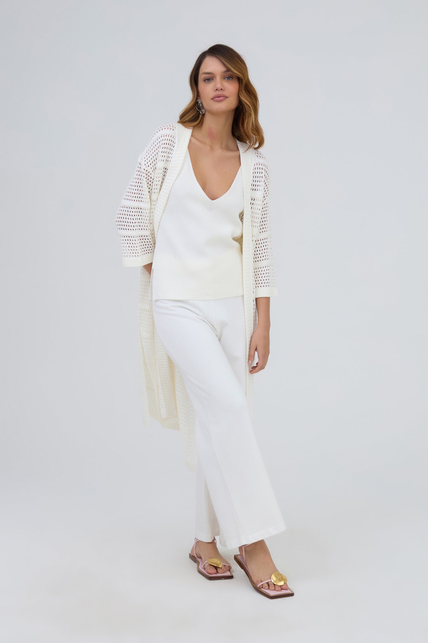 Casaco Longo Detalhe Ponto Corda Em Tricot Off White