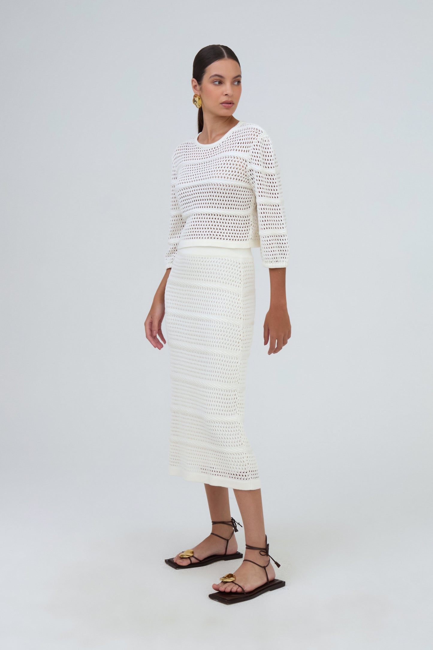 Saia Midi Reta Detalhe Ponto Corda Em Tricot Off White