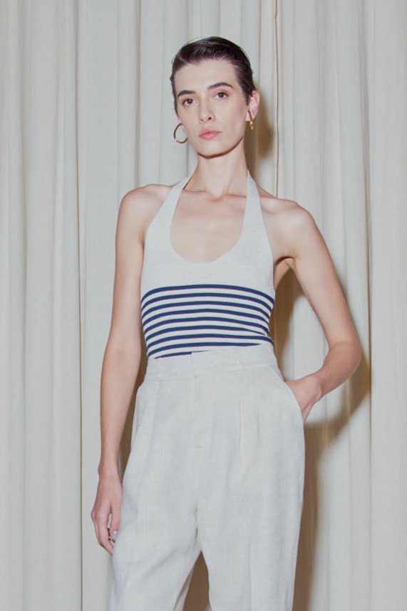 Blusa Frente Única Listrada Em Tricot Azul