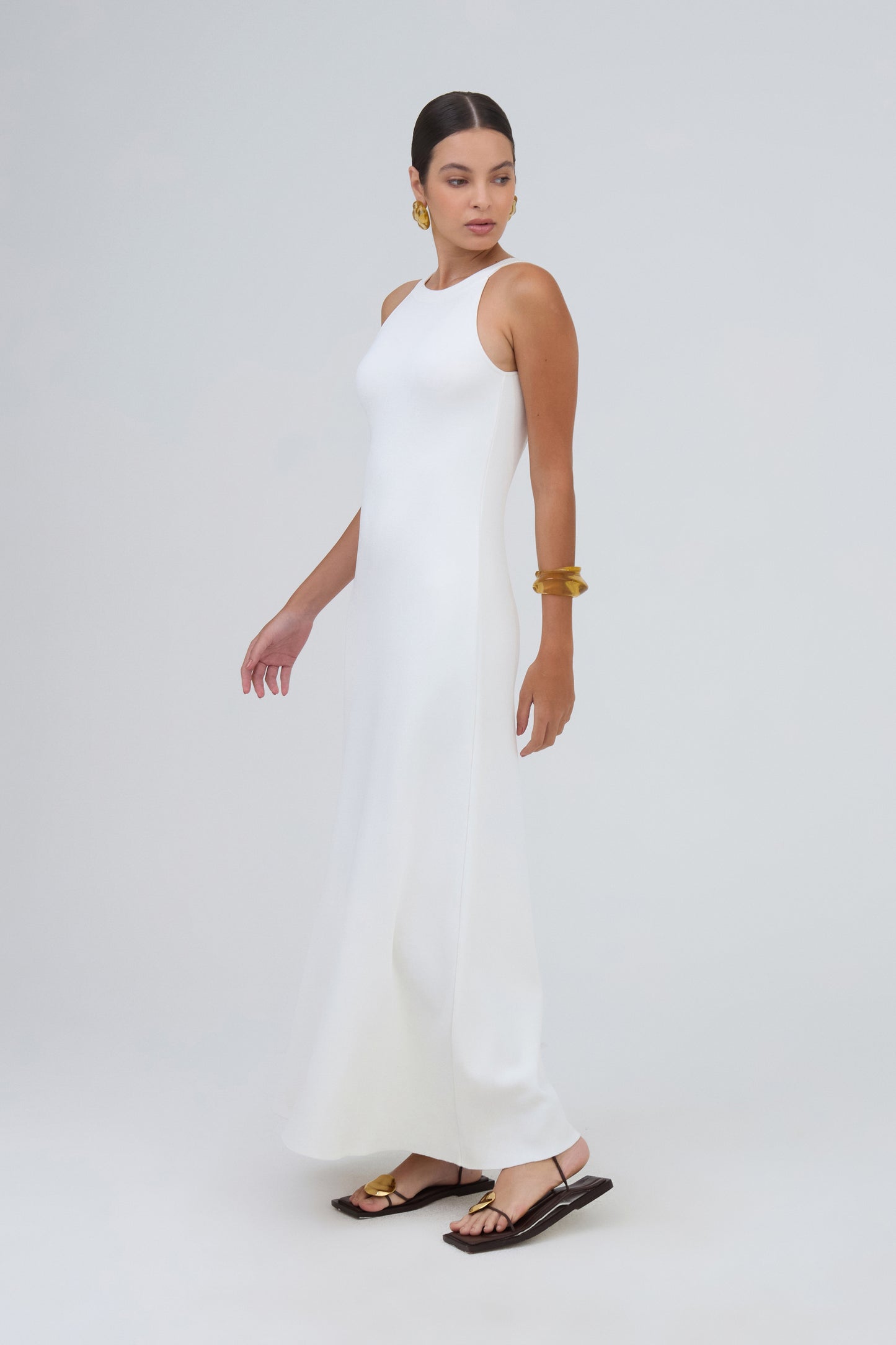 Vestido Longo Decote Costas Em Tricot Off White