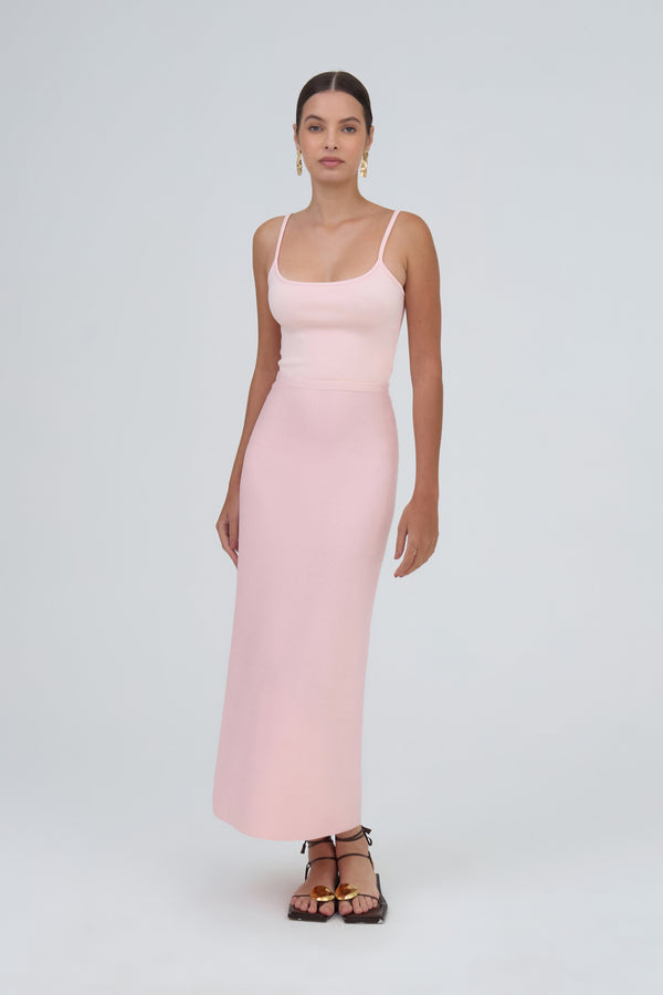 Saia Midi Reta Estruturada Em Tricot Rosa Nude