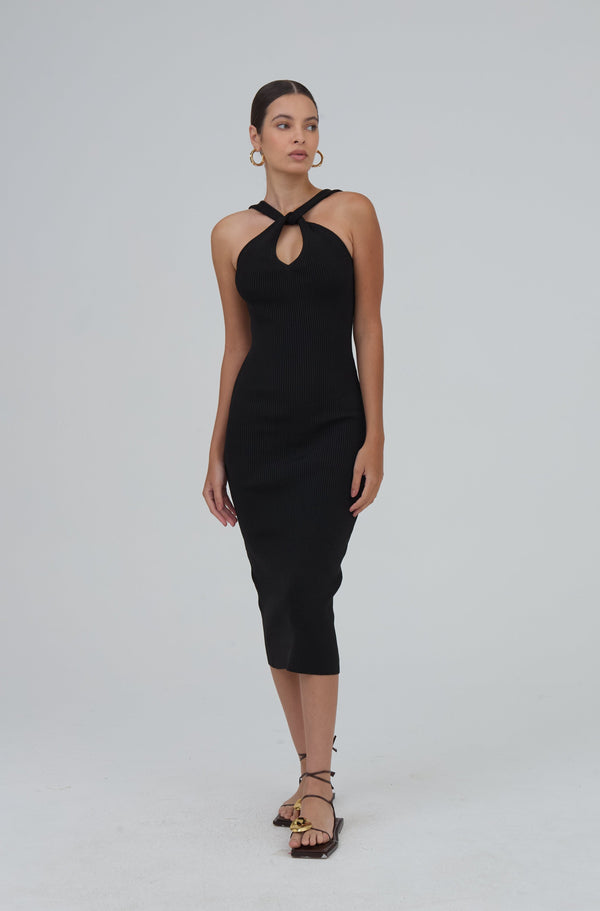 Vestido Midi Tubo Detalhe Torção Em Tricot Preto
