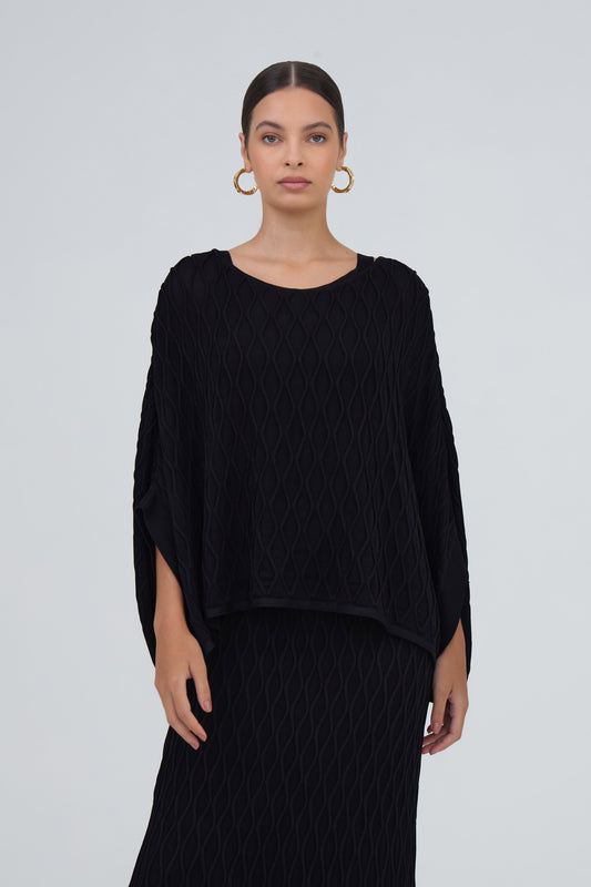 Blusa Ampla Detalhe Nervuras Onduladas Em Tricot Preto