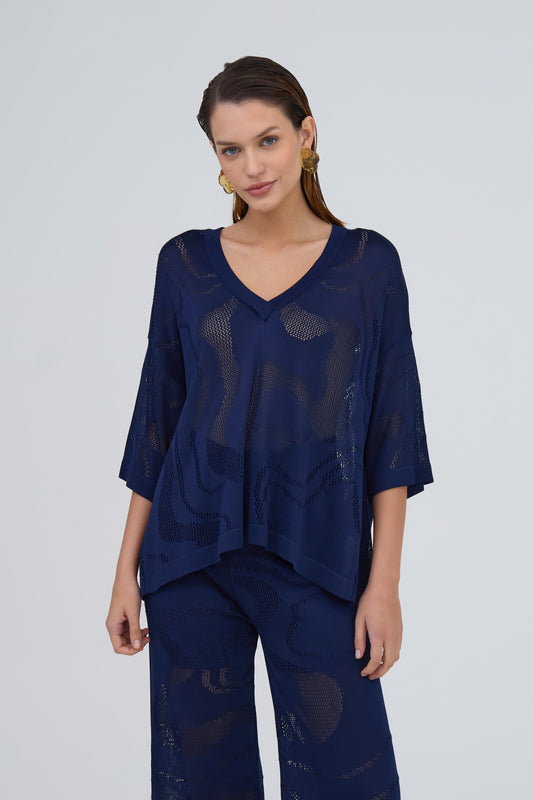 Blusa Gola V Ampla Com Manga Curta Em Tricot Azul Marinho