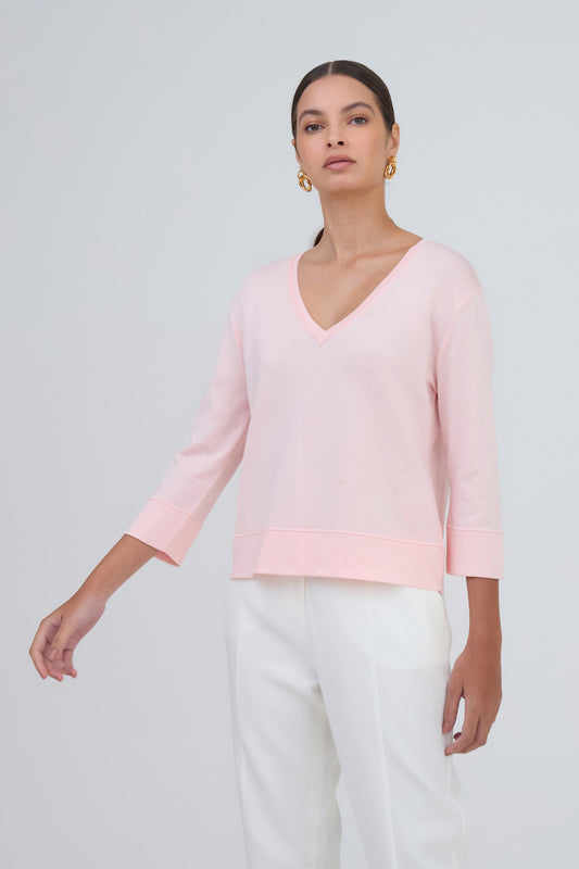 Blusa Decote Canoa Em Tricot Com Barrado