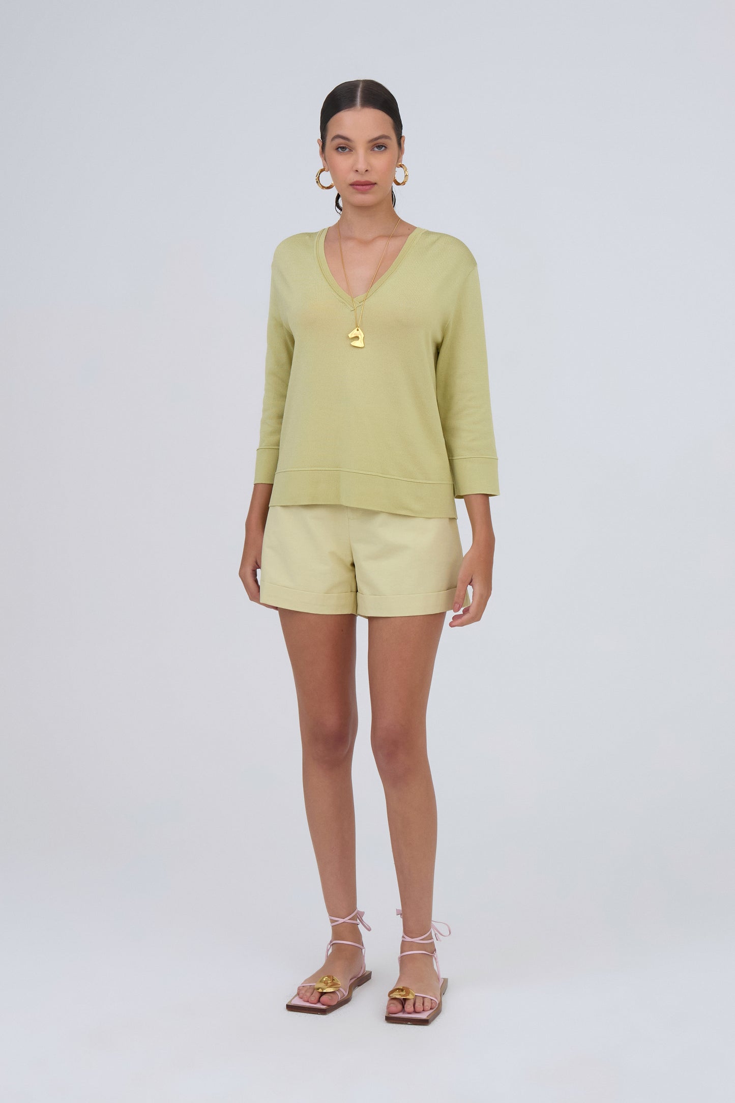 Blusa Decote Canoa Em Tricot Com Barrado Avocado