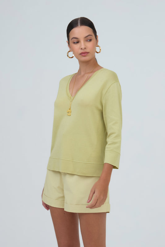 Blusa Decote Canoa Em Tricot Com Barrado Avocado