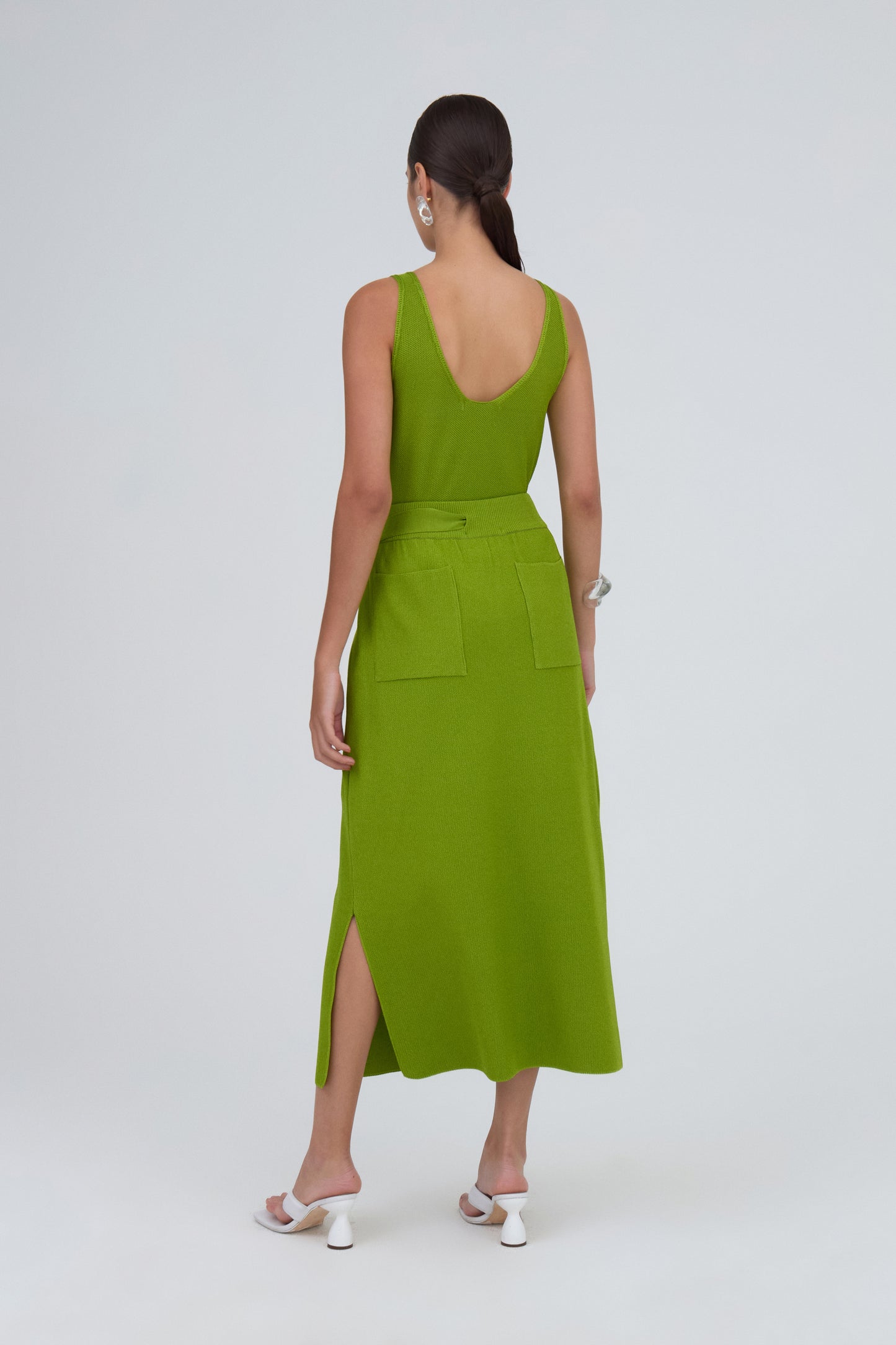 Saia Midi Com Cinto Amarração Em Tricot Piquet Maçã Verde