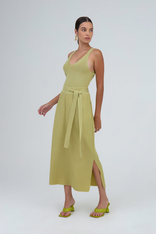 Saia Midi Com Cinto Amarração Em Tricot Piquet Avocado