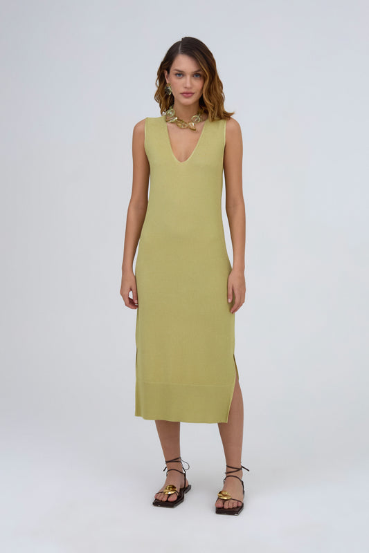 Vestido Midi Decote V Com Barrado Em Tricot Piquet Avocado