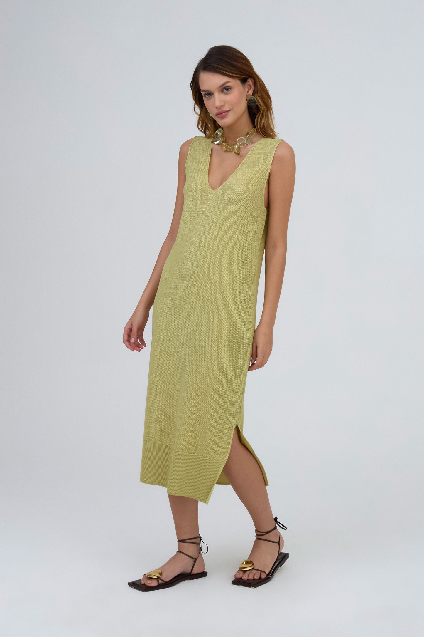 Vestido Midi Decote V Com Barrado Em Tricot Piquet Avocado