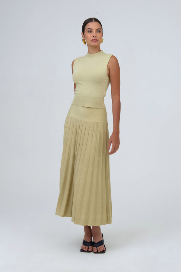 Saia Midi Com Pala Em Tricot Plissado Avocado