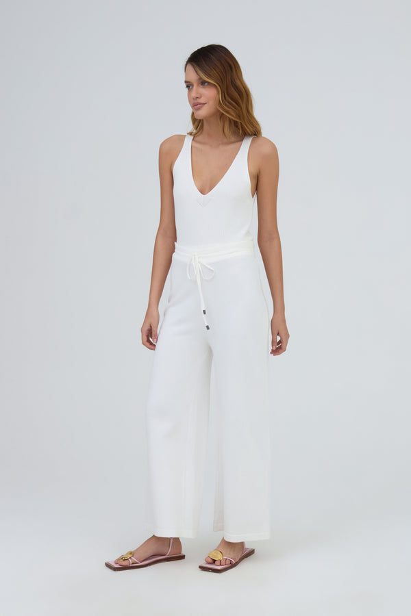 Calça Reta Com Cordão Em Tricot Off White