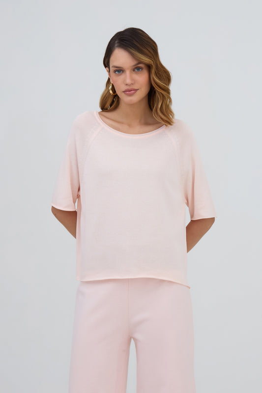 Blusa Manga Raglan Em Tricot Rosa Nude