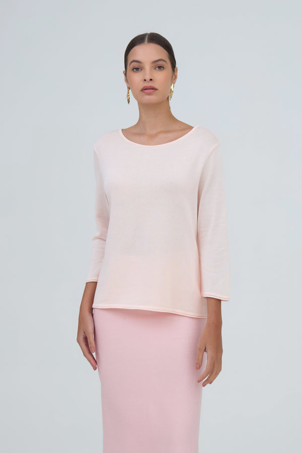 Blusa Manga Longa Decote Canoa Em Tricot Rosa Nude