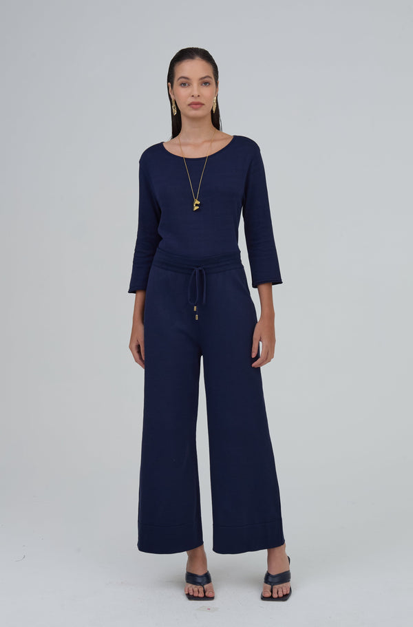 Calça Reta Com Cordão Em Tricot Meia Noite