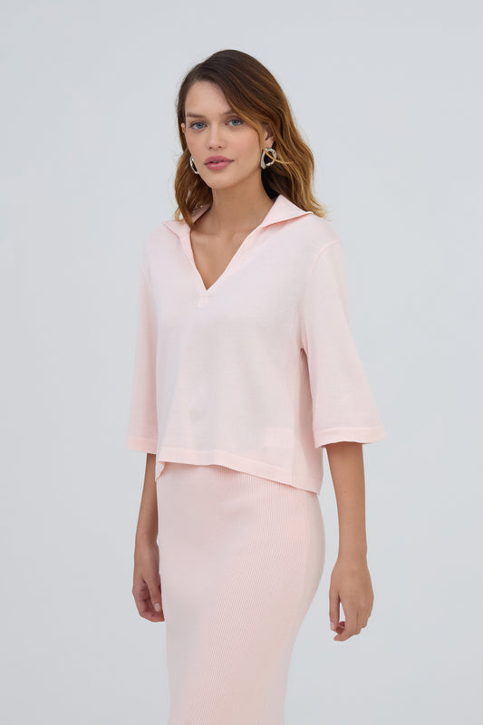 Blusa Decote V Polo Em Tricot Rosa Nude