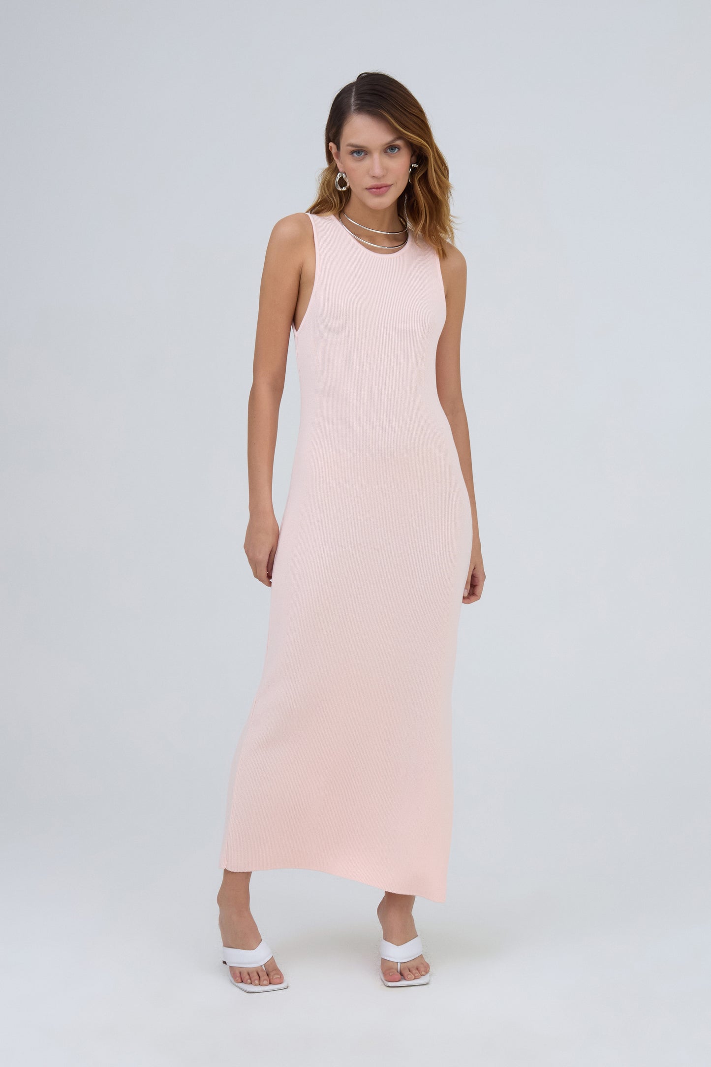 Vestido Midi Decote Nadador Em Tricot Rosa Nude