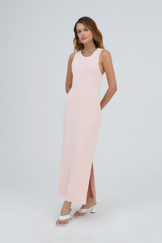 Vestido Midi Decote Nadador Em Tricot Rosa Nude