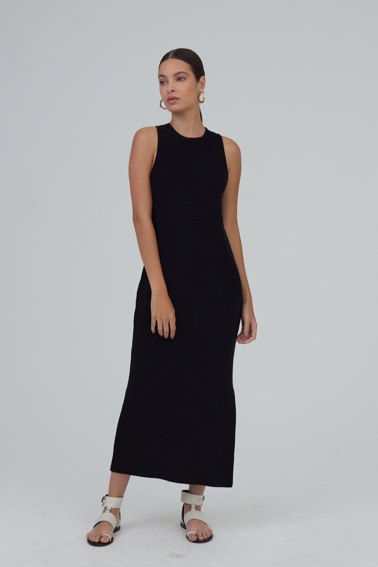 Vestido Midi Decote Nadador Em Tricot Preto