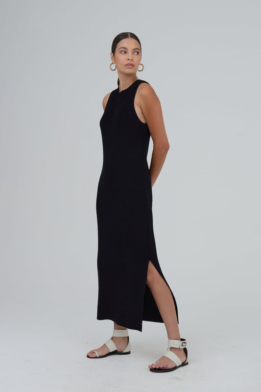 Vestido Midi Decote Nadador Em Tricot Preto