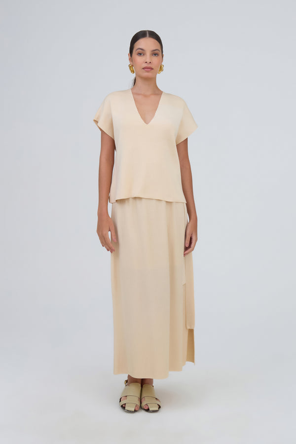 Saia Midi Com Cinto Amarração Em Tricot Piquet Palha