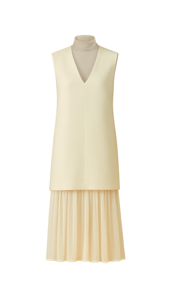 Conjunto De Vestido Midi Liso Com Vestido Sobreposição Em Tricot Off White