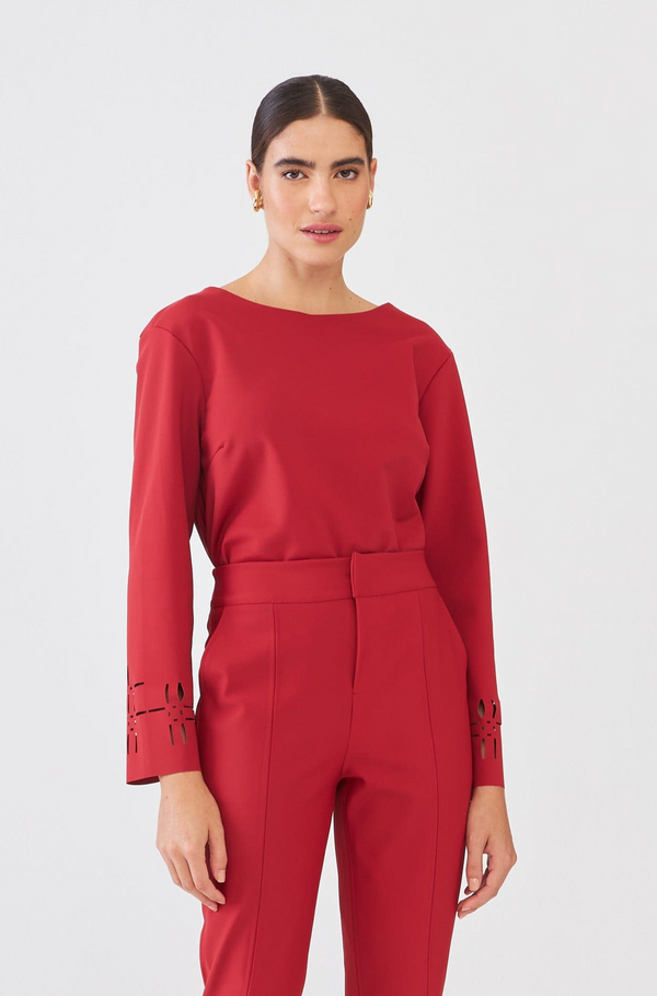 Blusa Box Manga 7/8 Com Detalhes Em Laser Mineral Red