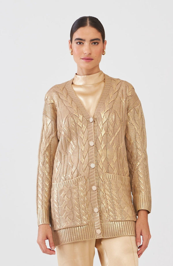 Casaco Em Tricot Aran Bege Ouro Velho