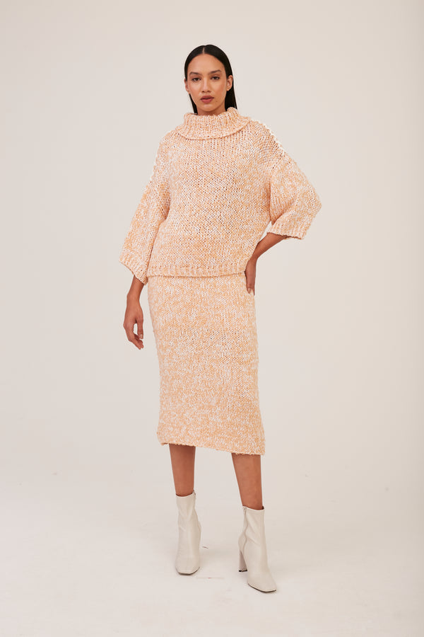 Saia Lápis em Tricot Artesanal Mescla Sand Off