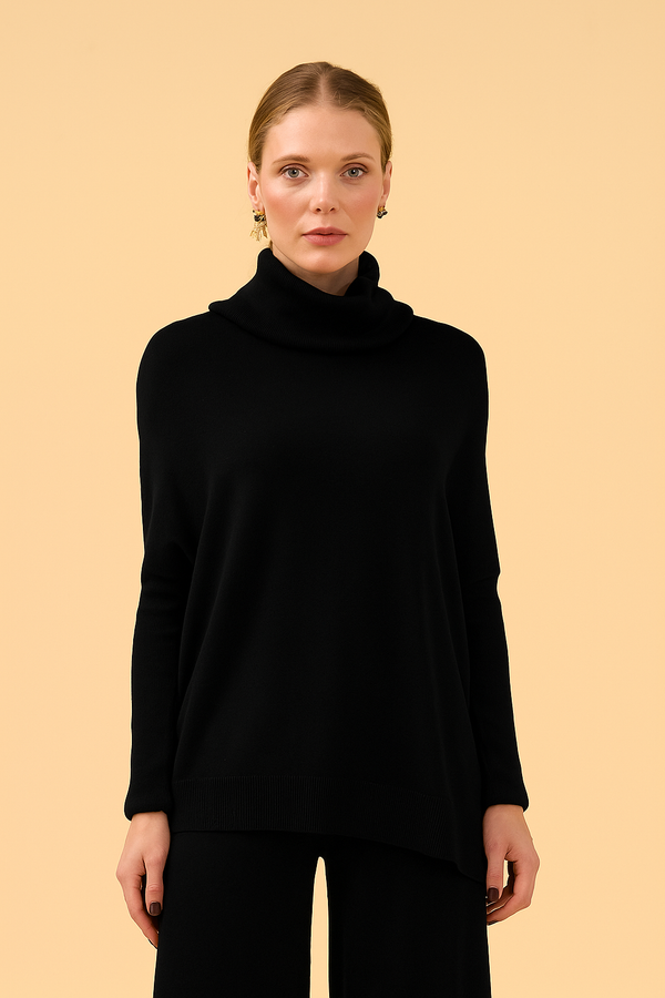 Blusa Gola Ampla Com Manga Canelada Em Tricot Preto