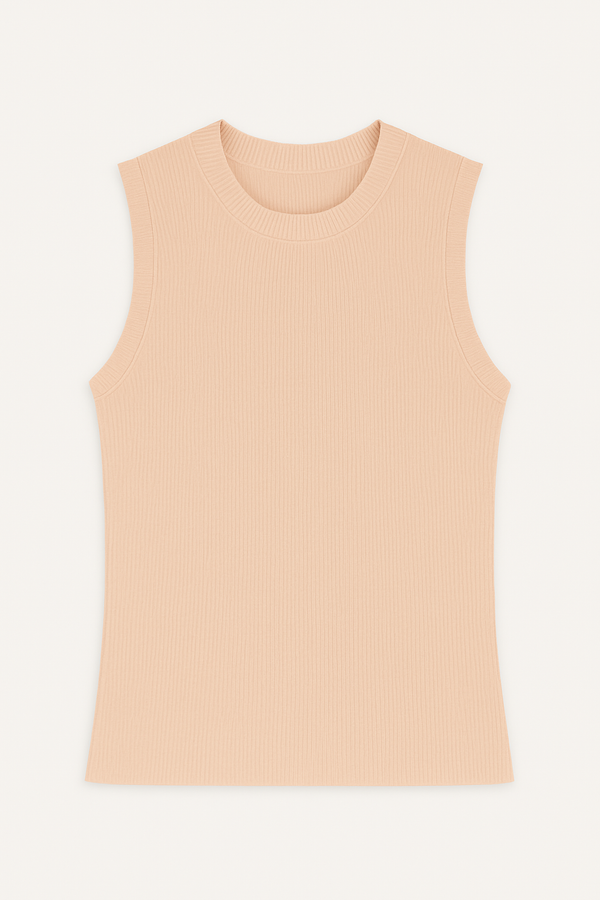 Blusa Sem Mangas Canelada Em Tricot Bege Champagne