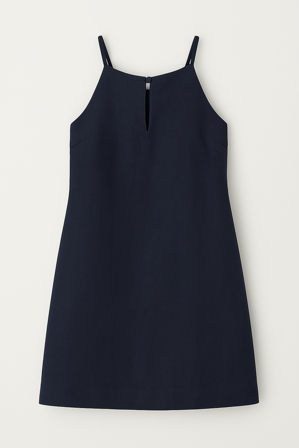 Vestido Linho Puro Alças Finas Navy Clássico