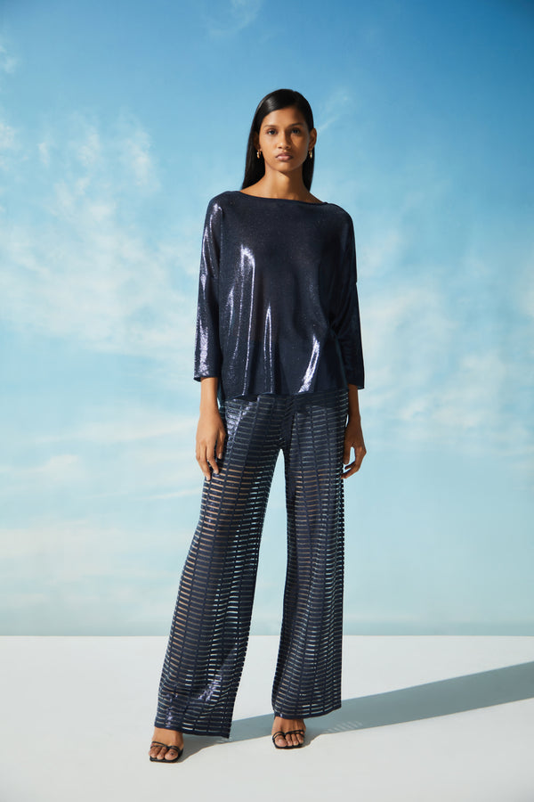 Calça Em Tricot Com Foil Azul Marinho