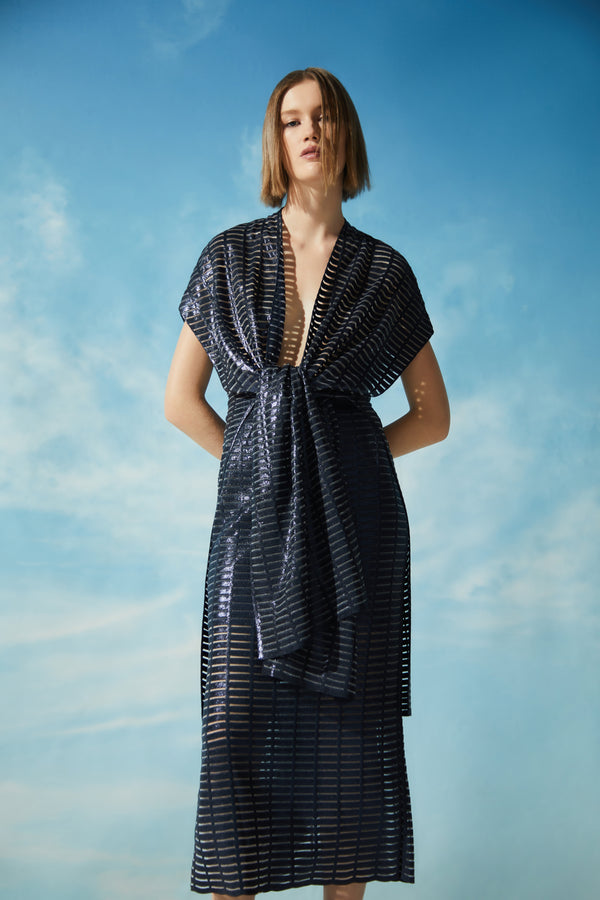 Saia Lápis Em Tricot Com Foil Azul Marinho