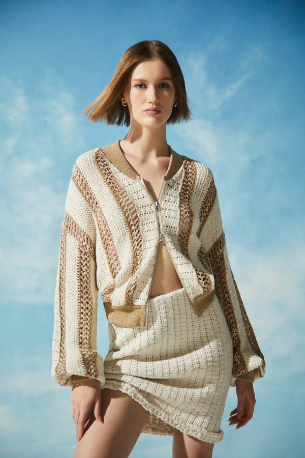 Jaqueta Em Tricot Mix Listras E Telas