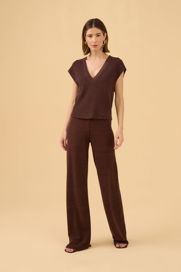 Calça Detalhe Lurex Em Tricot Dark Brown