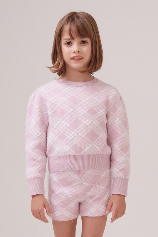Blusa Infantil Em Tricot Jacquard Xadrez Lilac