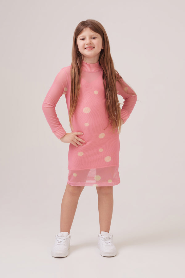 Vestido Infantil Em Malha Estampada Com Gola E Punho Em Tricot Poa Rosa Retrô